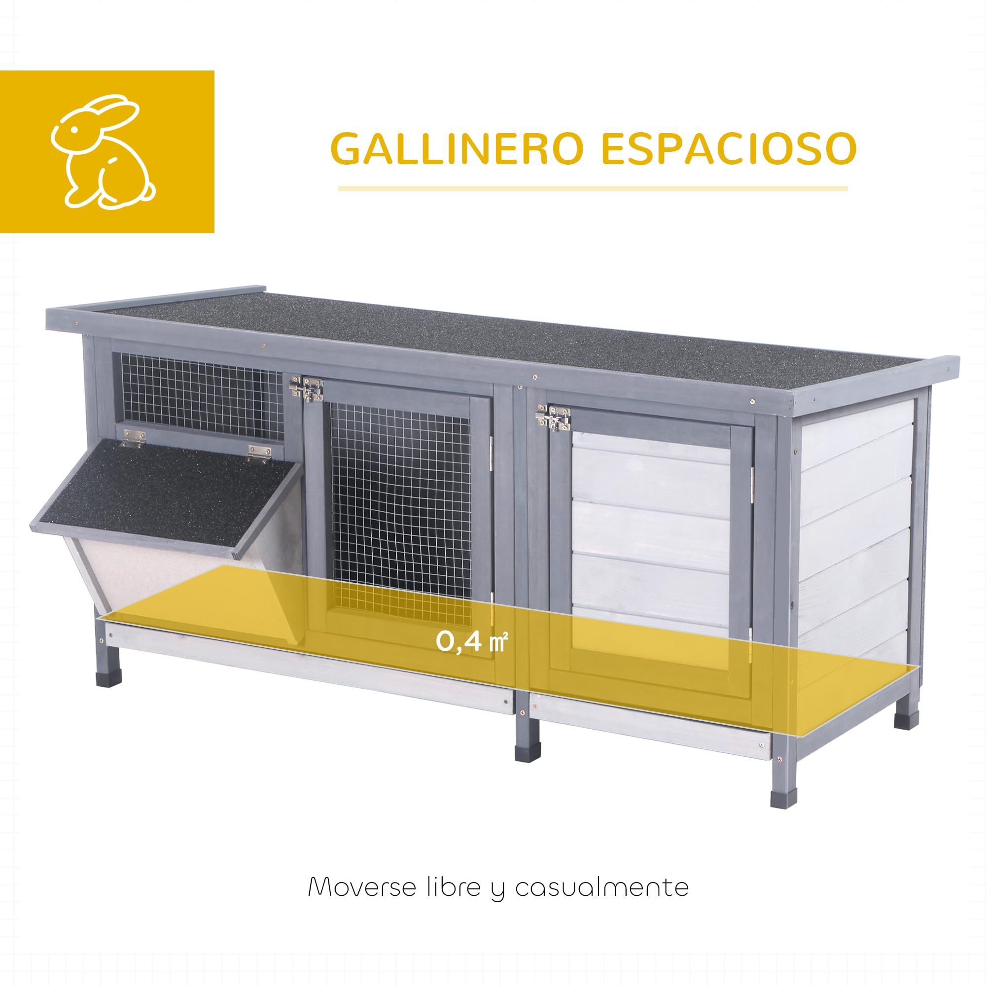 PawHut Conejera de Madera, Jaula para Conejos con Techo Asfáltico Abatible, Puertas con Pestillo, Bandejas Extraíbles y Comedero, Conejera para Exterior, 112x50x54 cm, Gris