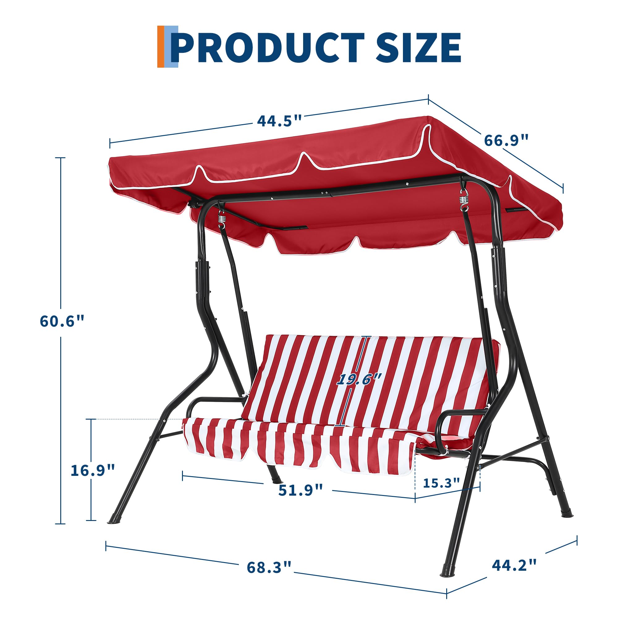 Garvee 3-Sitzer Garten Hollywoodschaukel – Verstellbares Sonnendach, wetterfest & UV-beständig, robuste Stahlkonstruktion, Dicke abnehmbare Kissen, rutschfeste Füße, Outdoor Schaukelstuhl – Rot-Weiß