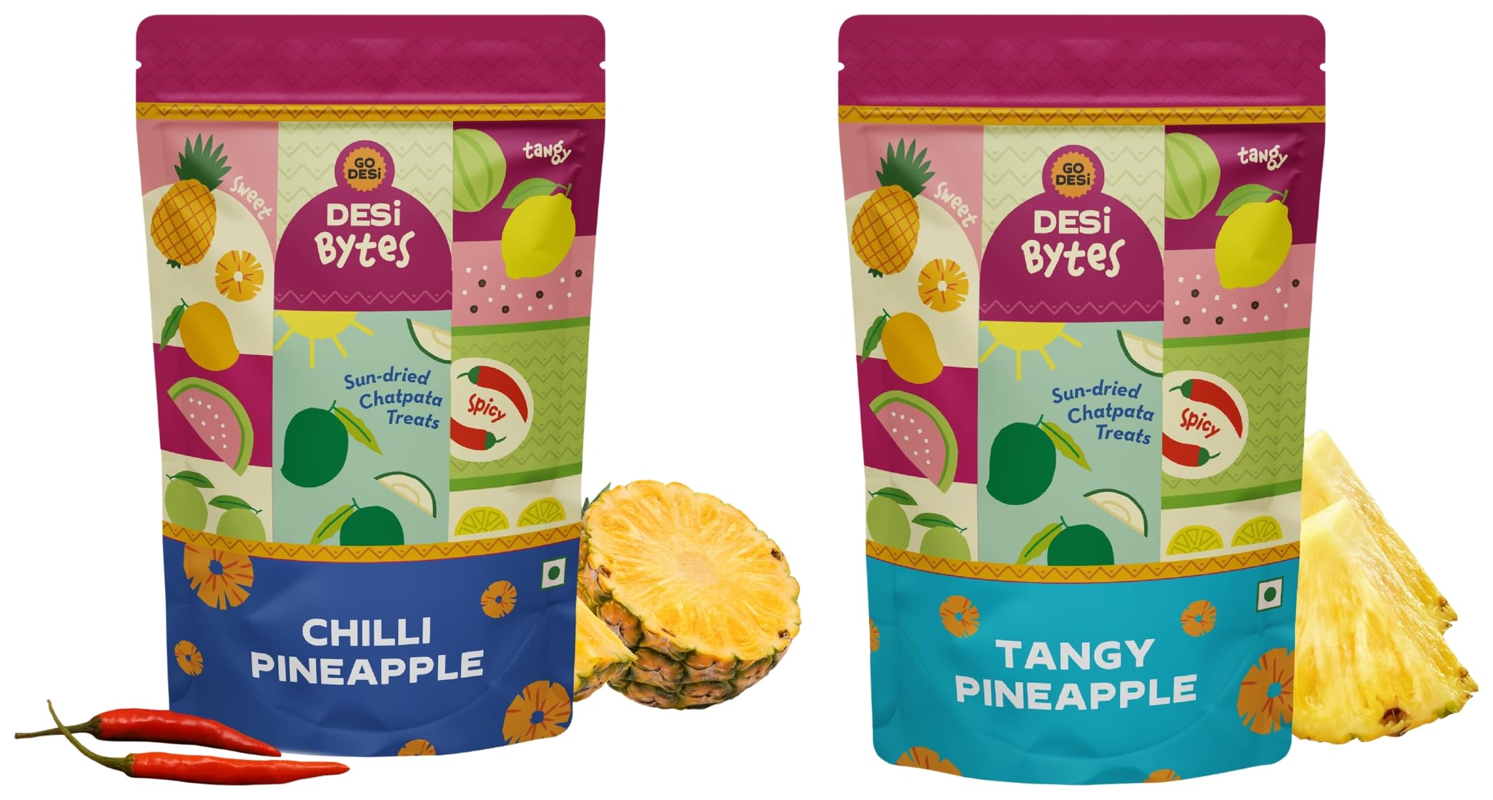 GO DESi Dried Pineapple Combo - Tangy Pineapple (150gm) & Chilli Pineapple (150gm)