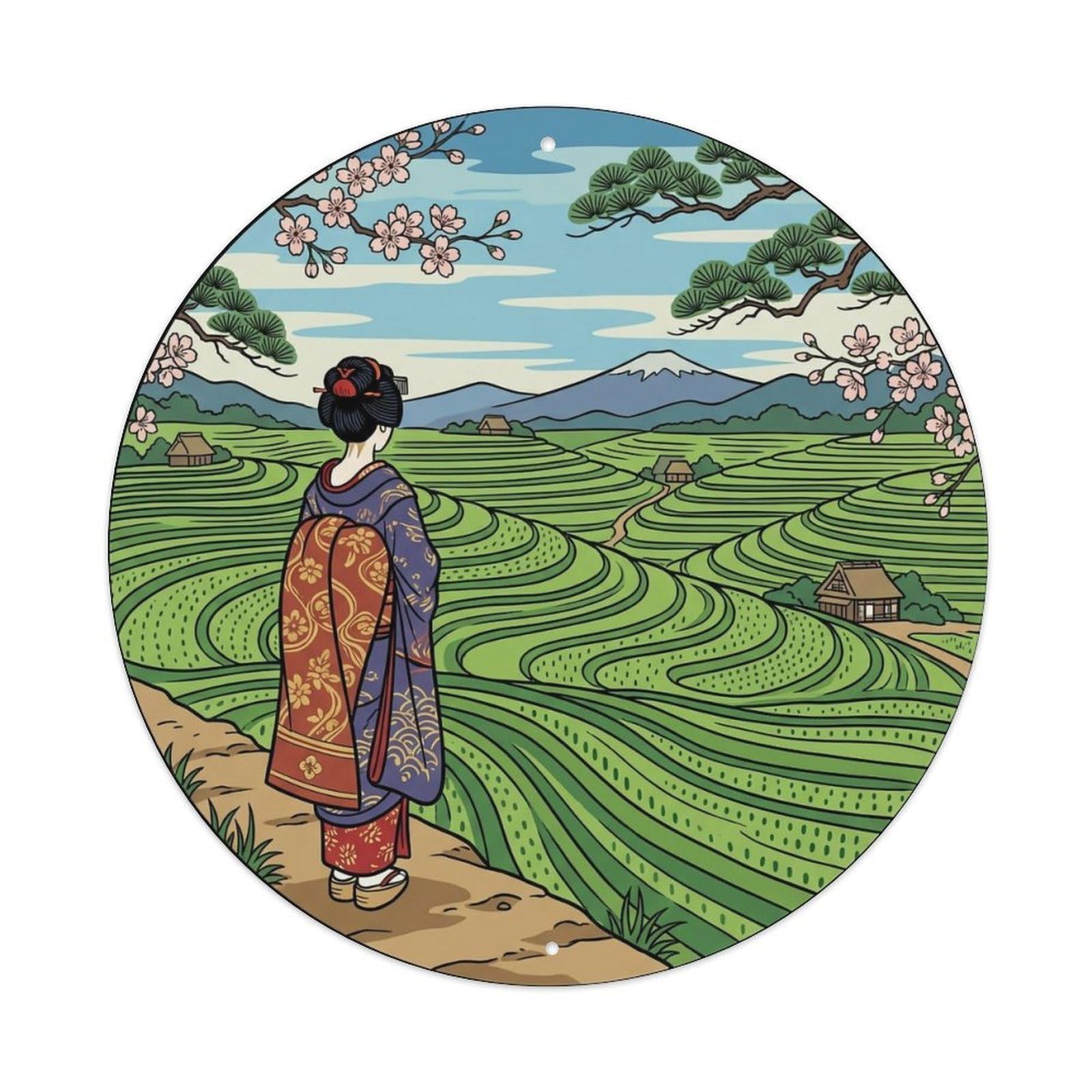 Yrnq 8X8inch Vintage Style Japanese Geisha Green Rice Paddy Field Landscape Metal Tin Sign