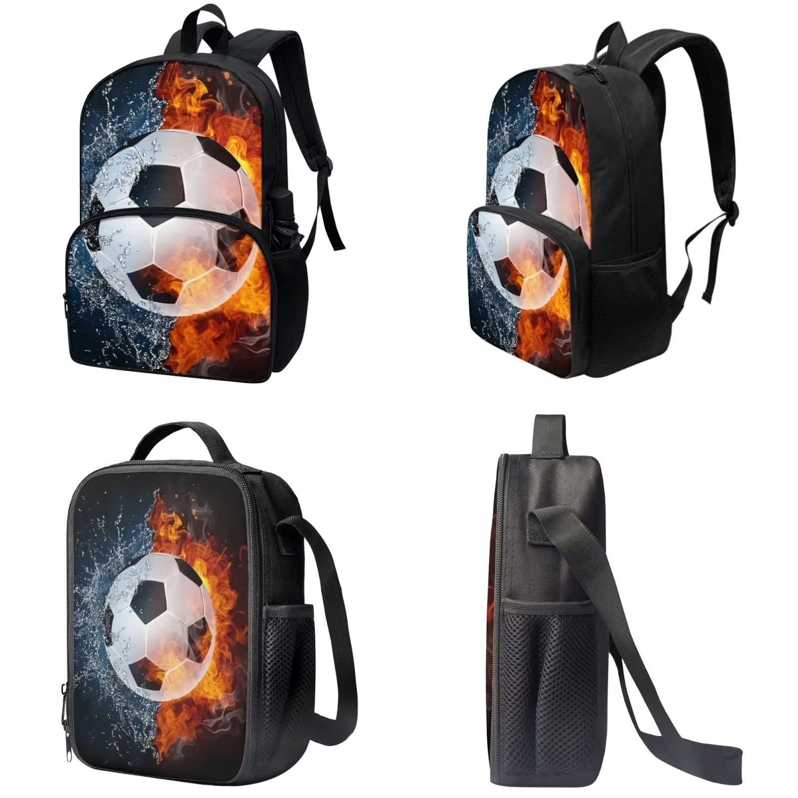 Poceacles Schultasche und Lunchbox-Set für Teenager, Jungen, Grundschule, Büchertasche, Federmäppchen für Grundschulkinder, Water Fire Soccer, Einheitsgröße