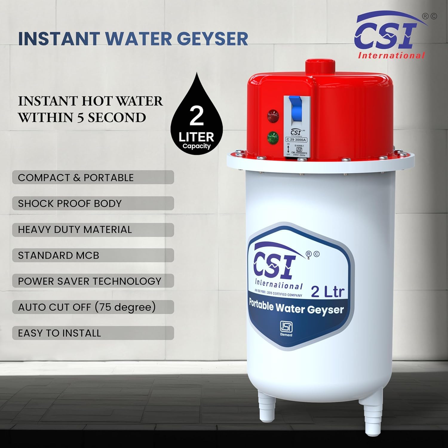 CSI INTERNATIONAL® Instant Water Geyser 1L | Portable Instant Water Heater for Bathroom & Kitchen | ABS Shockproof Body | Fast Heating Mini Geyser | Auto Cut-Off | ISI Certified Electric Geyser 3