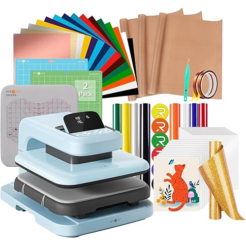 【Premium Bundle】 HTVRONT Automatic Heat Press 2 + HTVRONT Automatic Heat Press Accessories Kit + 2 Pack Cutting Mats 12x12 + 8 Pcs 3D Puff Vinyl + 10" x 8ft Gold Glitter HTV Heat Transfer Vinyl