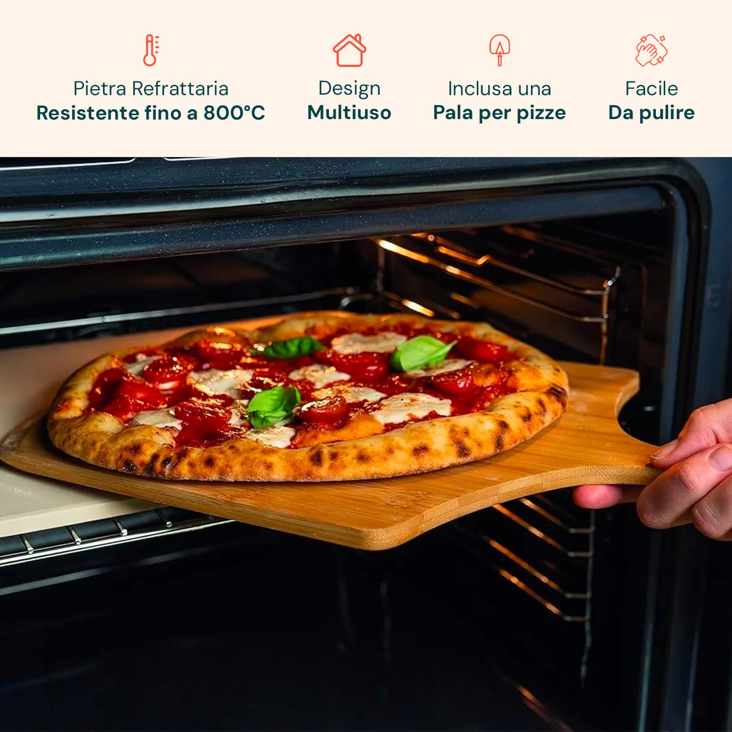 Avilia - Pietra Refrattaria con Pala in Legno Inclusa per Pizza, Resistente fino a 800°C, Cottura Uniforme e Croccante in Forno o Barbecue, Ideale per Pizza Fatta in Casa