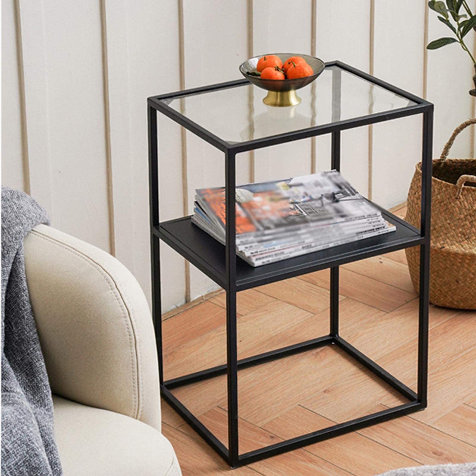 Sofa-Beistelltische im modernen Stil, kompakte rechteckige Aufbewahrungs-Beistelltische, platzsparender Eck-Ausstellungstisch, kleine Couchtische aus gehärtetem Glas (H) 60 cm, schwarz, 40 x 30 x 60