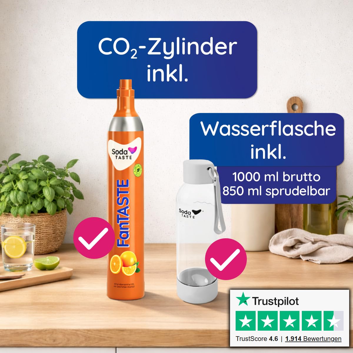 Uno, gorgogliatore – modulare e senza corrente | compatibile con tutti i cilindri CO₂ con filettatura standard | Set con bottiglia d'acqua 1L & cilindro CO₂ (Classic/Aroma) e asciugacapelli per