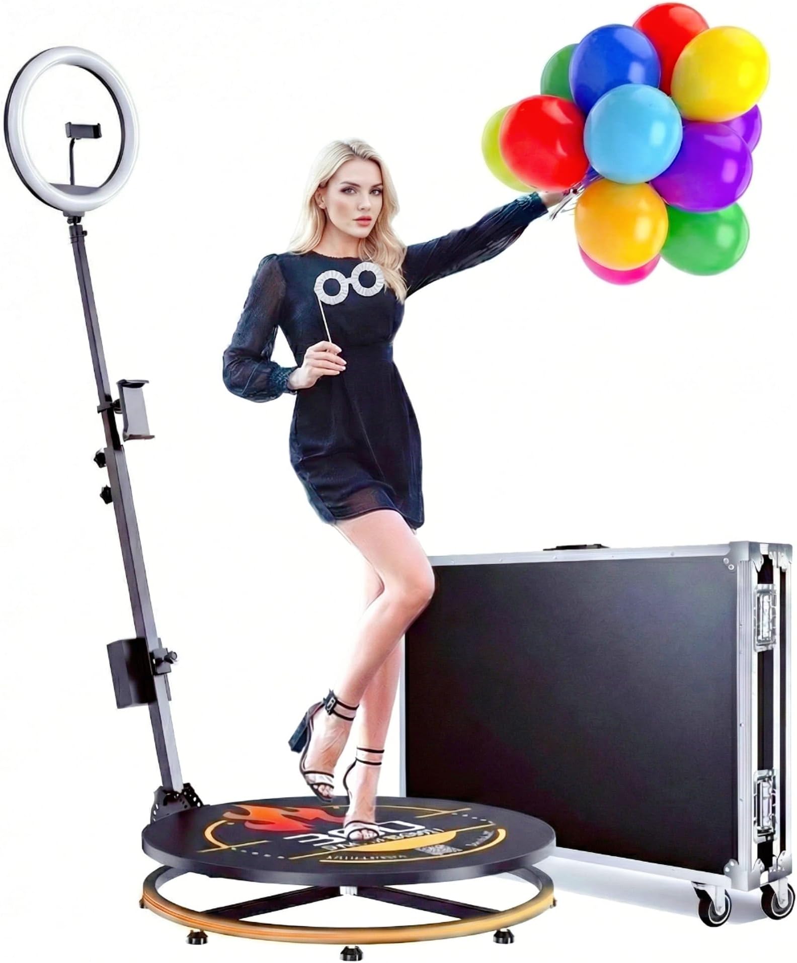 MWE 360 Photo Booth Machine with APP Control & RGB Lights, 26.8" Auto-Spin Video Booth with Flight Case & Professional Editing Software, Perfect for Weddings, Rentals, Parties & Events