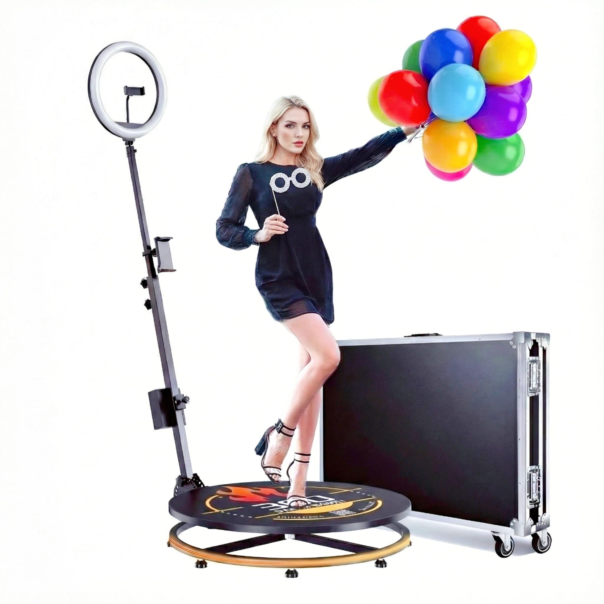 MWE 360 Photo Booth Machine with APP Control & RGB Lights, 26.8" Auto-Spin Video Booth with Flight Case & Professional Editing Software, Perfect for Weddings, Rentals, Parties & Events