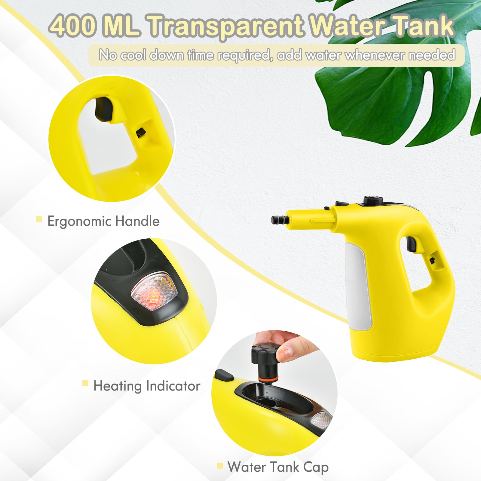 SOARS limpiador a Vapor con 14 Accesorios, Limpiador de Vapor: 2 bar, máx. 125 ℃, Listo en 1 Min, Potente 1500W, Depósito: 400ML, para Alfombras, Suelos y Ventanas (Amarillo)