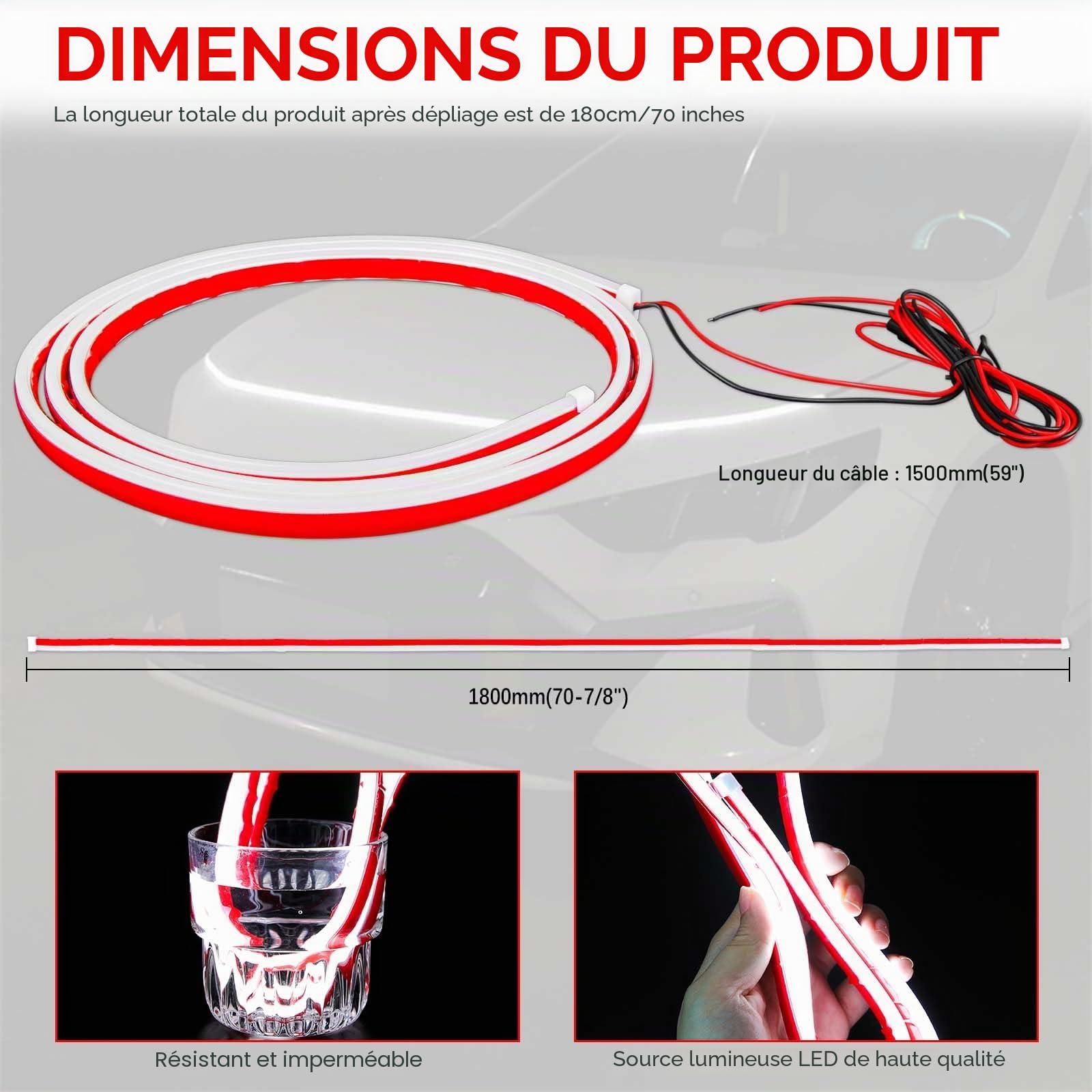 DREAMIZER Bande lumineuse LED dynamique et étanche pour capot de voiture de 180 cm, feux de jour blancs flexibles et accrocheurs pour voitures, SUV et camions