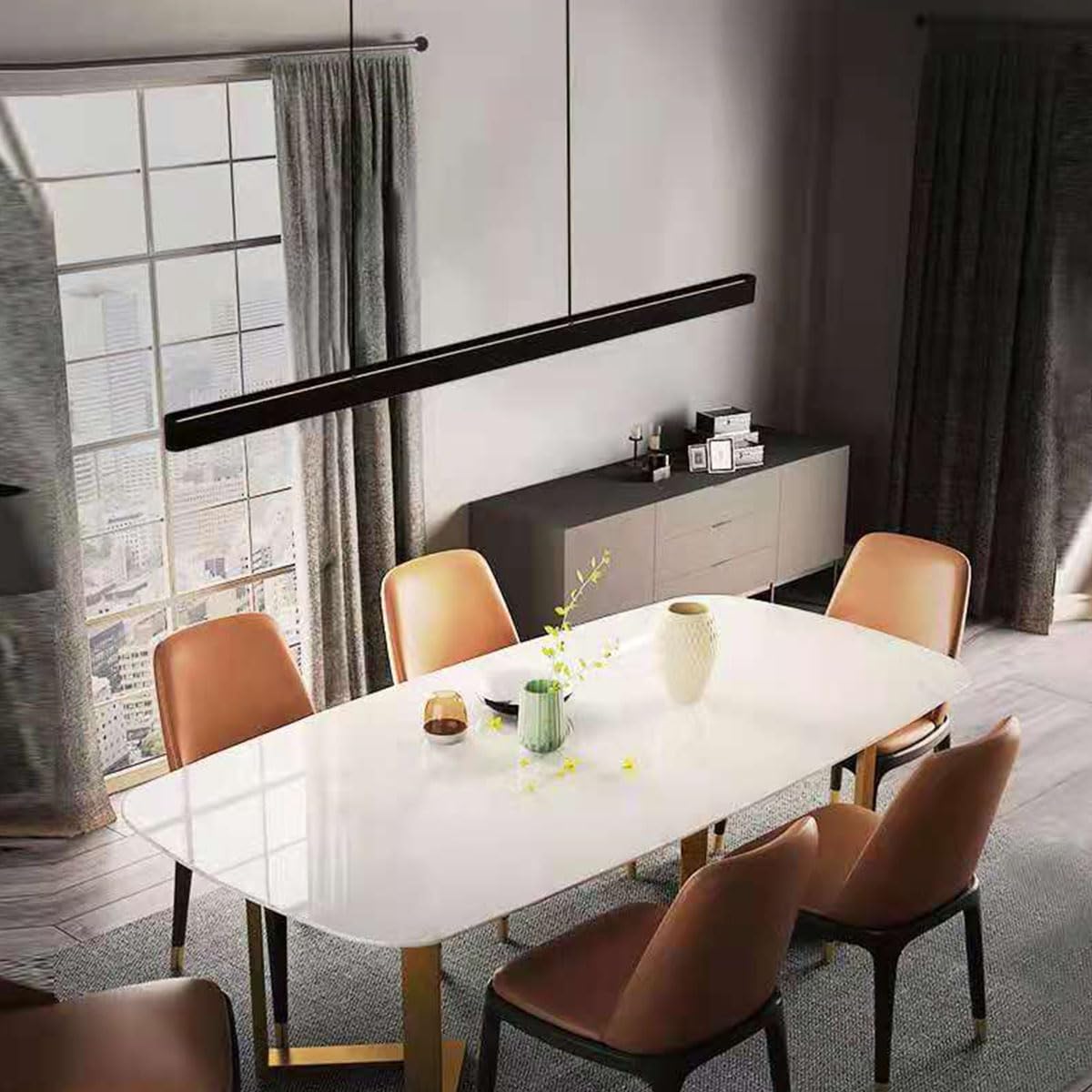 Lampada a sospensione moderna a LED dimmerabile nera lunga striscia lampada a sospensione da tavolo da pranzo con telecomando Nuovo design lineare lampada a sospensione regolabile in altezza per