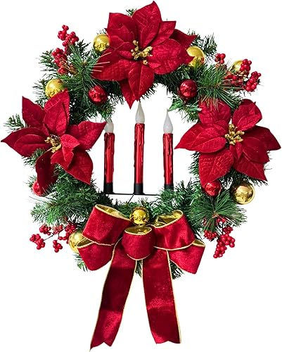 Corona de Navidad iluminada de 21 pulgadas, corona de Pascua de Navidad para puerta delantera con velas rojas sin llama, adornos de bola, agujas de