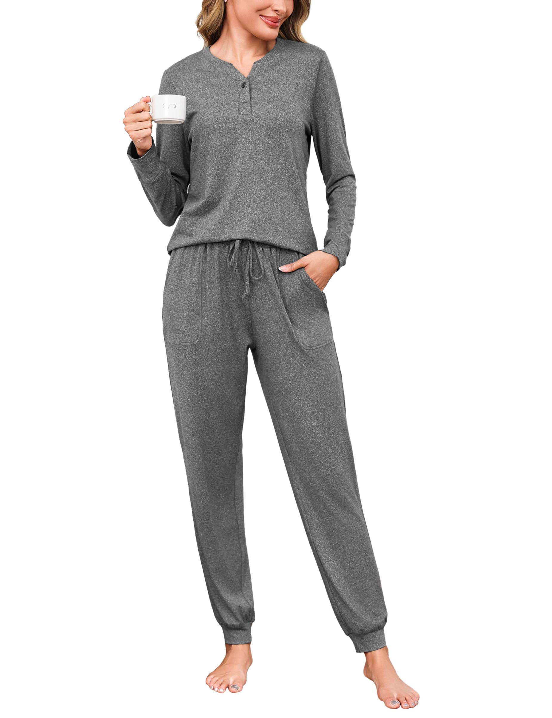 Bresdk Women's Pyjamas Set Long Sleeve Cotton Ladies Pjs Nightwear with Button Pockets