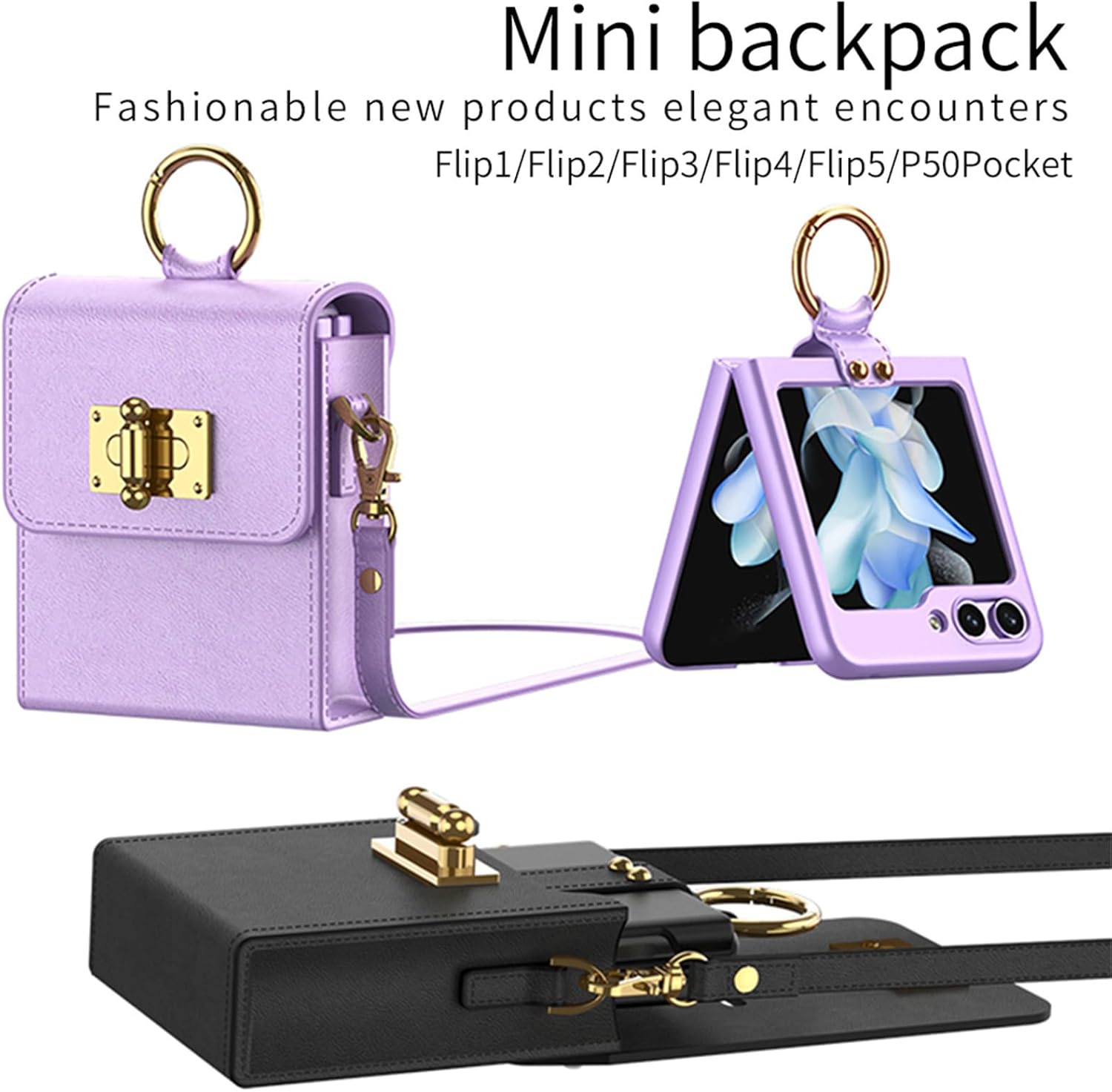 Designed for Samsung Galaxy Z Flip 5 2023 Mini Bag Case, Luxury PU Leather Slim Stylish Small Women Crossbody Cell Phone Purses with Ring Holder Detachable Chain