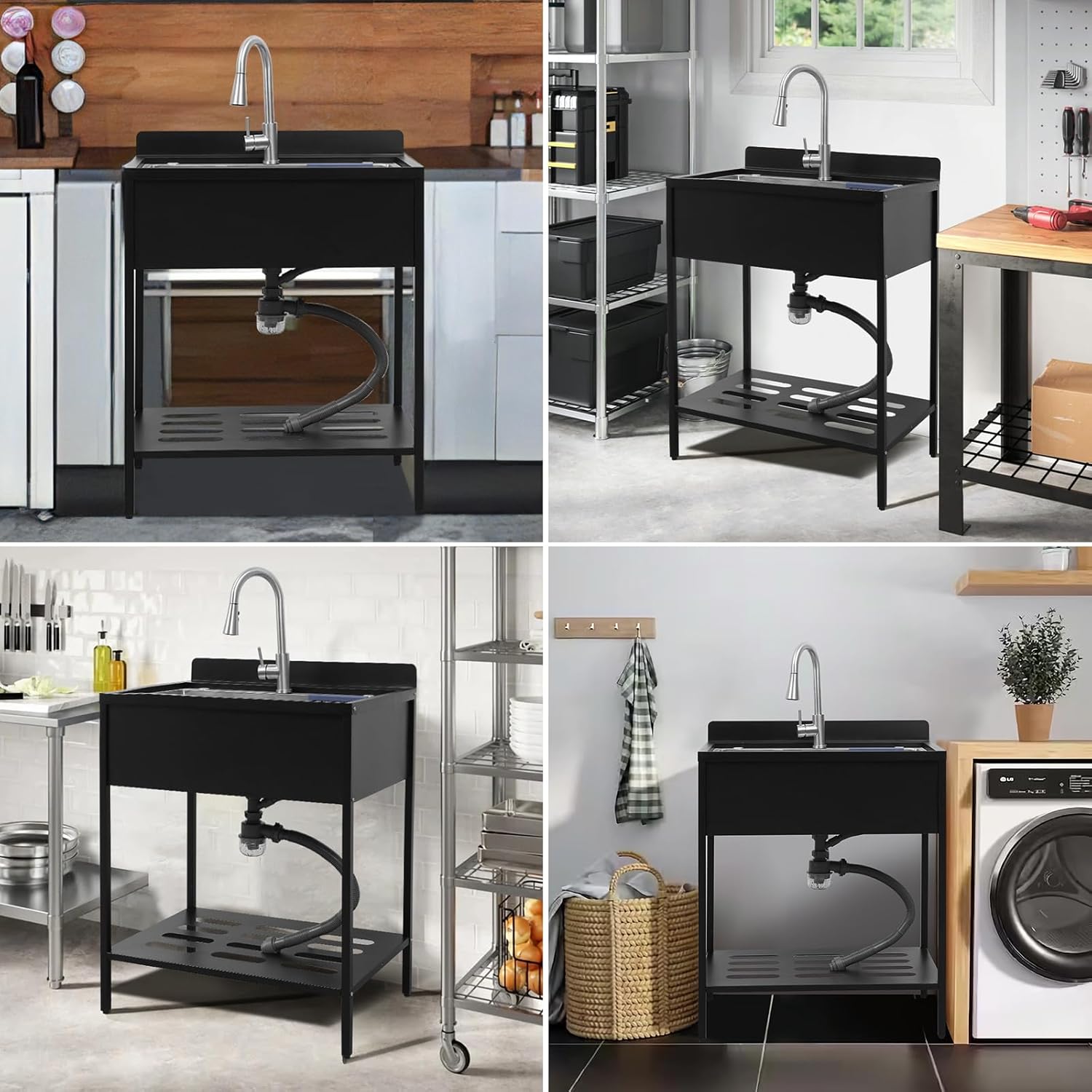 Portable Freestanding Stainless Steel Laundry Utility Sink with Cold and Hot Water with Cabinet Faucet Outdoor Kitchen Black Utility Sink