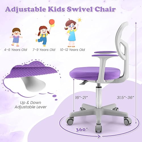 Miniatura 23 de Giantex Silla de escritorio para niños, silla de computadora para niños con ruedas y soporte lumbar en forma de Y, asiento de estudio para niños,