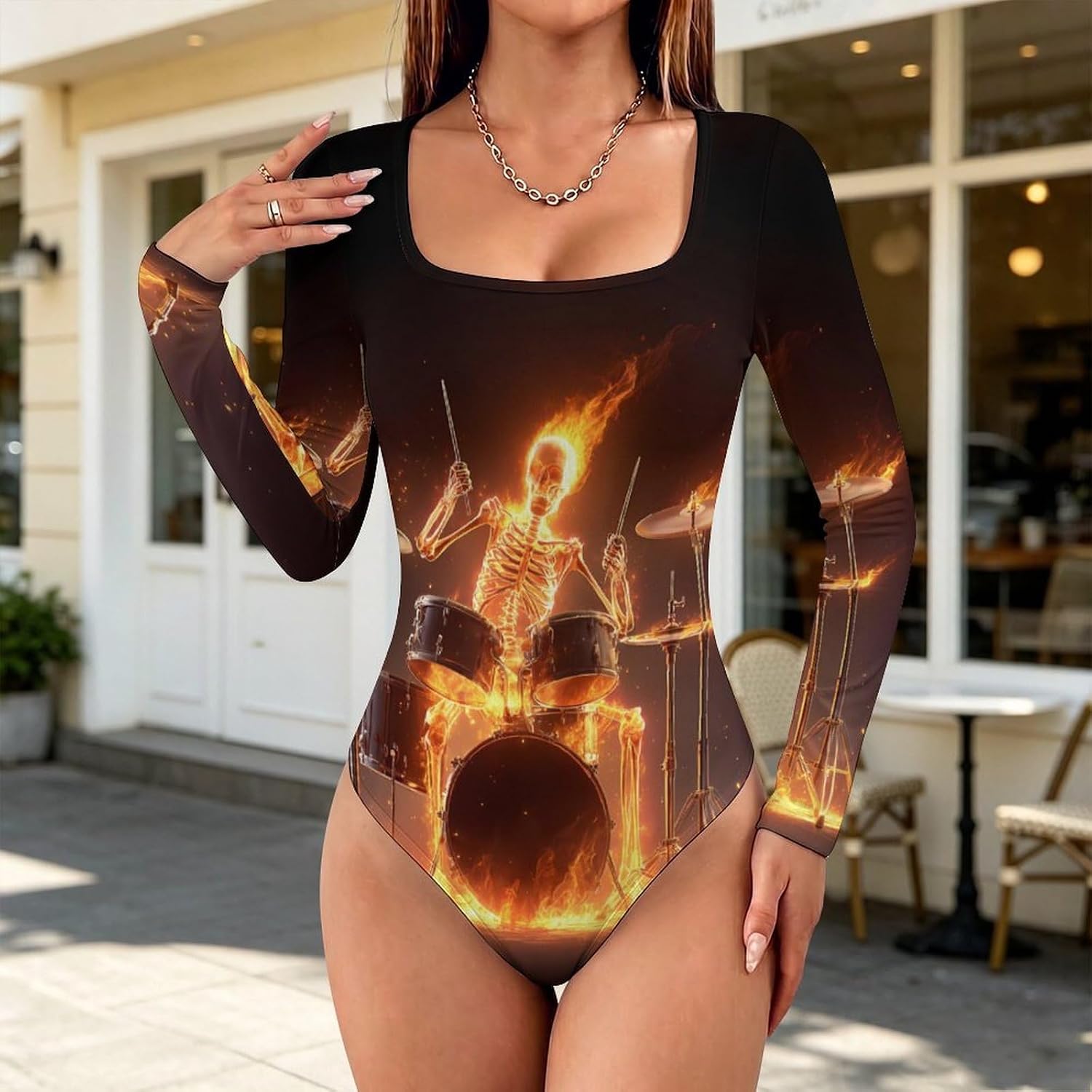 Music Skeleton Flame Drums Drummer Women's Bodysuits Long Sleeve Top 5XL