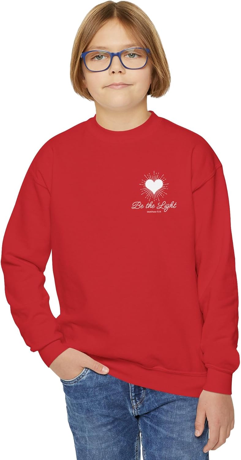 Girls Youth Crewneck Sweatshirt Be the Light Heart Design (Matthew 5:14).