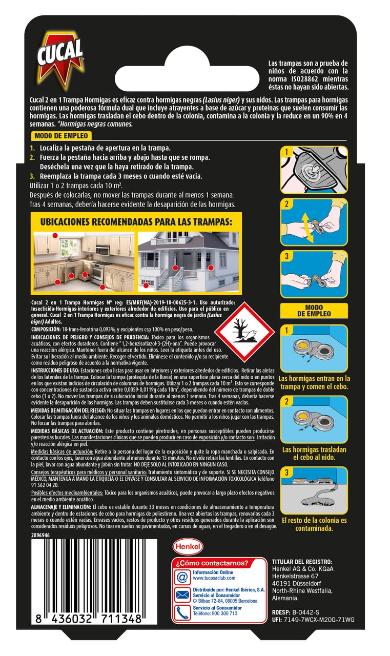 Cucal Insecticida Trampa Hormiga (pack de 2 x 4), trampa insecticida para eliminar hormigas comunes, mata hormigas para erradicar la colonia, eficaz durante 3 meses