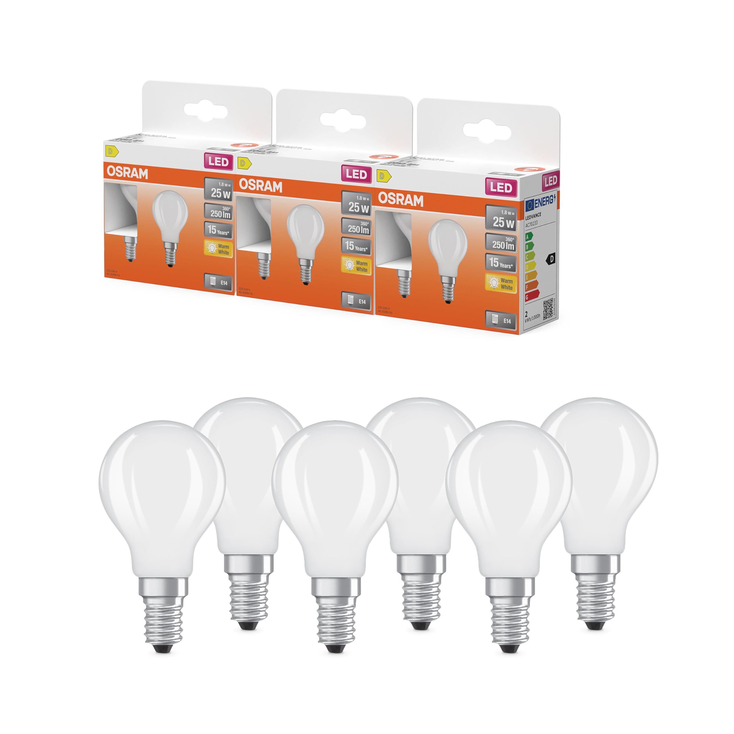 OSRAM Lampada LED Star mini a forma di sfera P25 a filamento, 2700 K bianco caldo, 1,8 W, E14, satinata, 250 lm, 15.000 h, per apparecchi da tavolo e a sospensione, antiabbagliamento,3-Pack