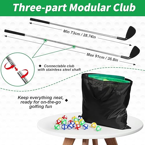 Miniatura 5 de Juego de astillado de golf con alfombrilla de doble cara, 2 palos de golf ajustables, 20 bolas adhesivas, juego de lanzamiento familiar para