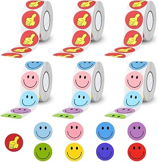 Luckwaii Juego de 6 rollos de 3000 pegatinas de emoji, 1500 pegatinas de cara sonriente en 8 colores y 1500 pegatinas para pulgar alto redondo 2,5 cm, pegatinas de recompensa para profesores para