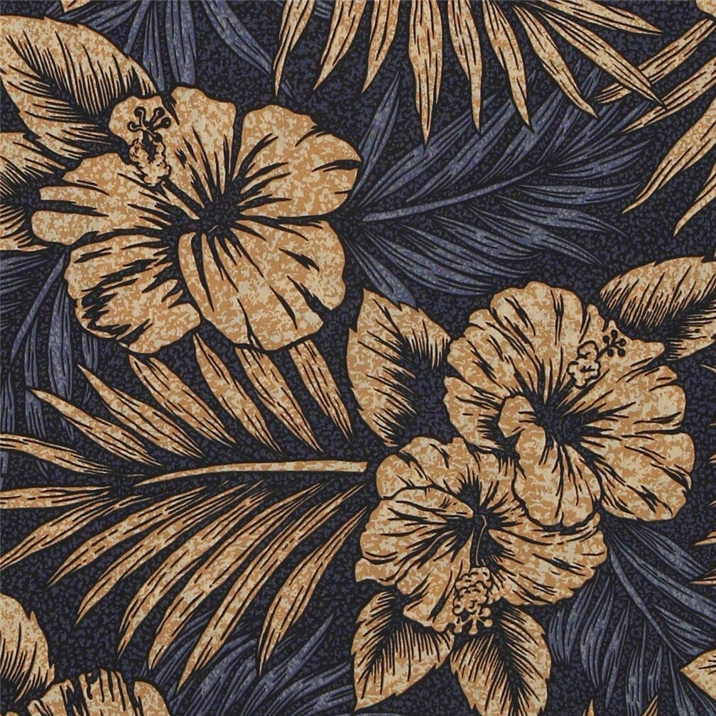 Black beige blue Trans-Pacific Textiles tropical fabric hibiscus flower palm leaf, Import from USA (per 0.5 yard)