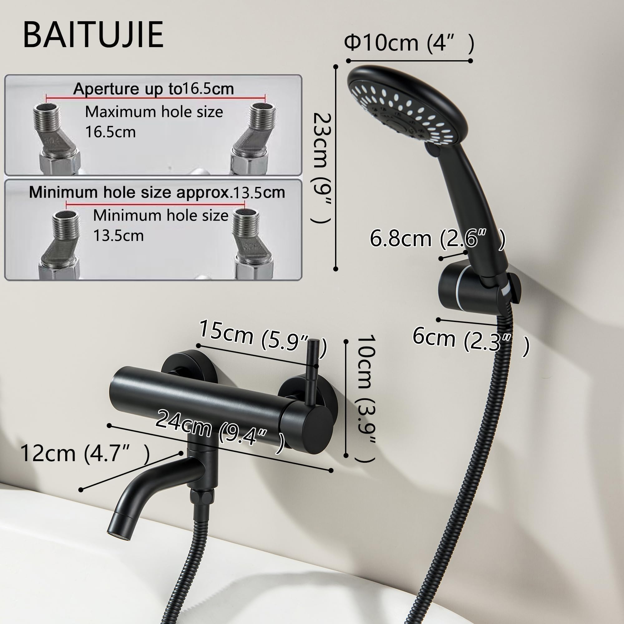 Rubinetti per vasca con doccetta Rubinetto per vasca a parete Rubinetto nero per vasca da bagno Bocca girevole a 90 ° con doccetta a 5 funzioni