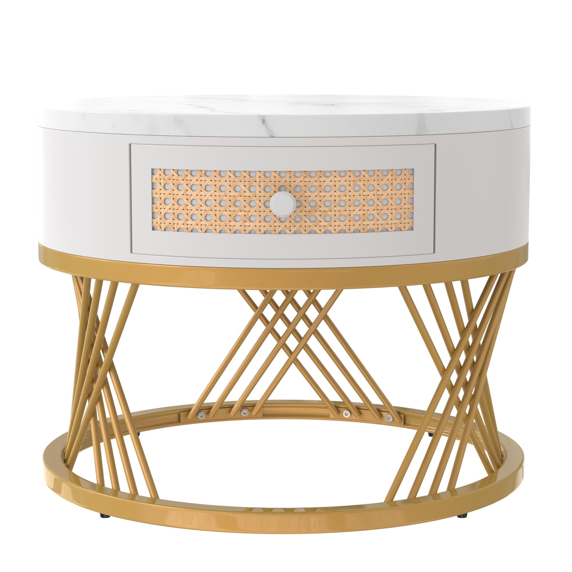 Tavolino rotondo 2 in 1 in MDF, tavolino con piano in marmo e cassetti in rattan sintetico, piedini in ferro dorato, manici in legno massiccio, 70 x 70 x 45,5 + 50 x 50 x 38,5 cm (bianco + oro)