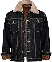 Jaqueta jeans masculina regular e de lã, botões rasgados com gola de pele removível