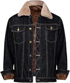 Jaqueta jeans masculina regular e de lã, botões rasgados com gola de pele removível