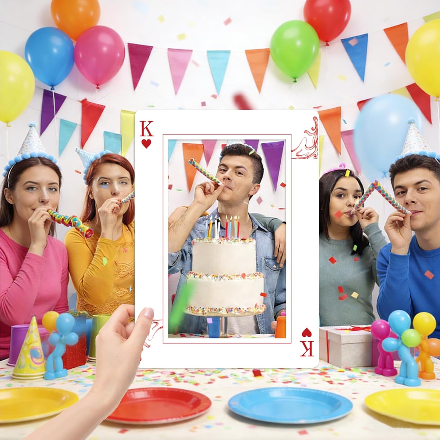 4 Pcs 22 x 16 Inch Casino Theme Photo Booth Frame, Casino Night Party Decorations, Jumbo Playing Cards Face Cutouts for Vegas Themed Events Poker Night Party Carnival Birthday Photo Props Decorations