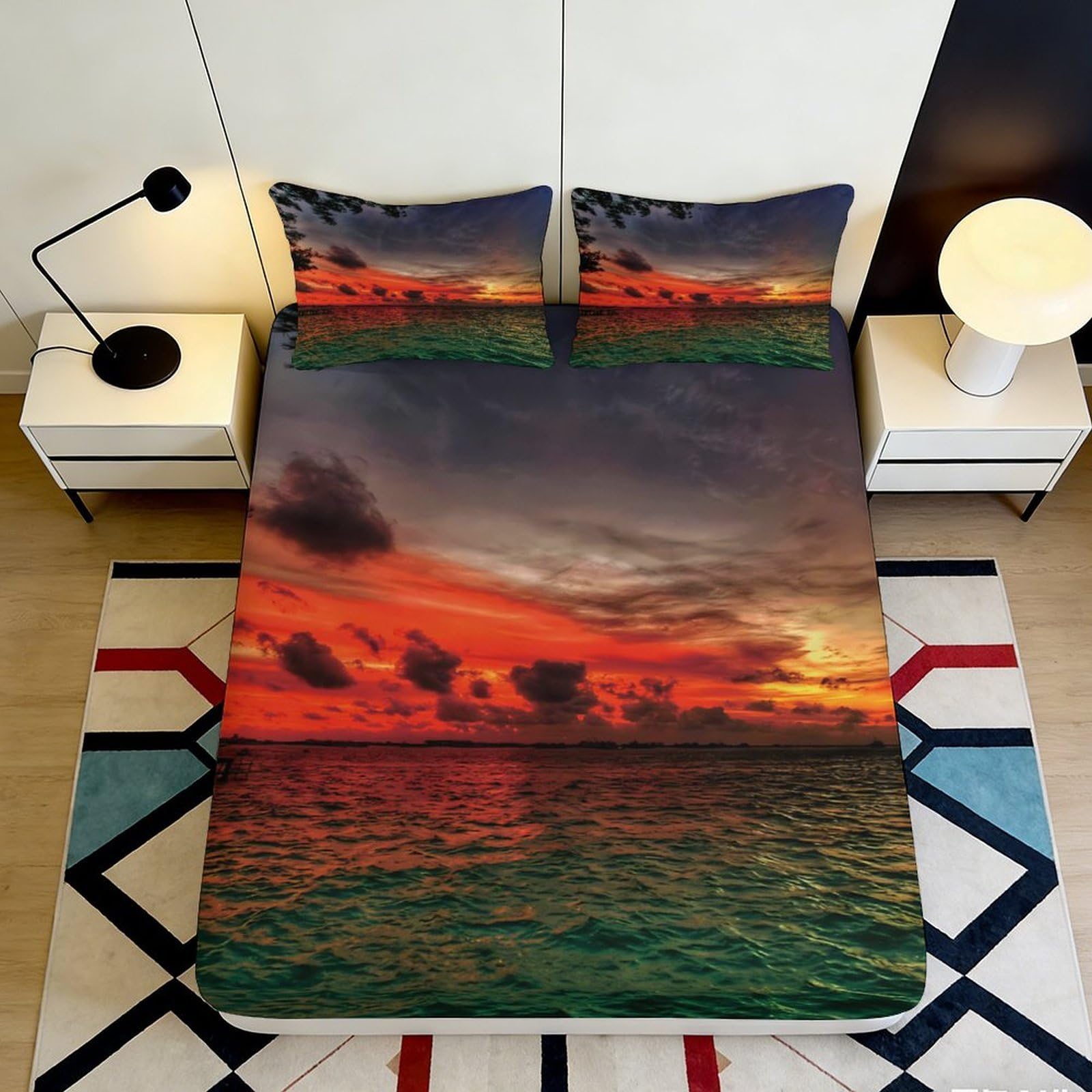 3D Printed Sunset Ocean Fitted Sheet Microfiber Soft Mattress Cover Scenic Sky Bed Sheet for Bedroom Decor 90x200x25cm