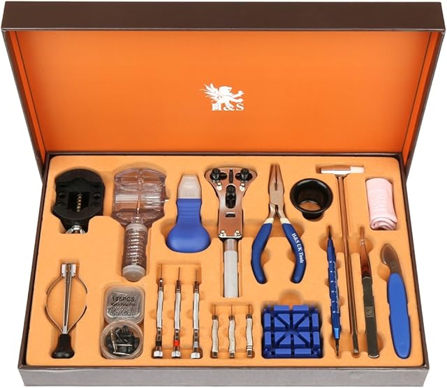 H&S 155pcs Watch Repair Tool Kit Strap Link Removal Adjustment Kit Back Case Remover Opener Removal Tool Spring Pin Bar Watchmaker Tools Kit