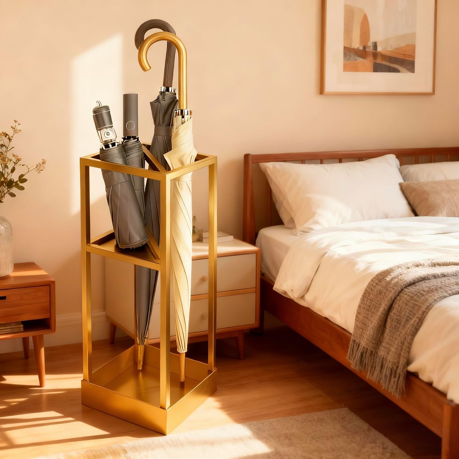 Dual Storage Design Compatible with Long and Short Handle Umbrella Holder Stand, Decorative Gold Freestanding Entryway Metal Coat Rack Umbrella Rack