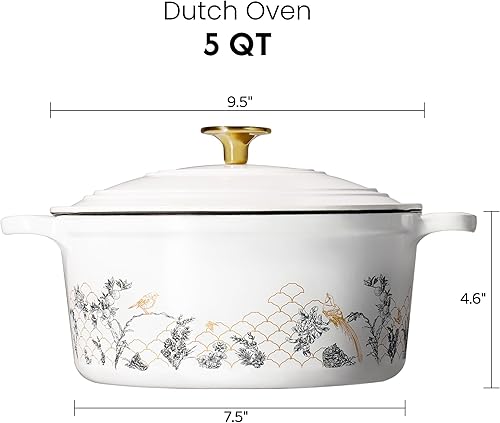 Miniatura 2 de CAROTE Olla de hierro fundido con tapa, horno holandés floral esmaltado de 5 cuartos con caja de regalo, olla de hierro fundido para hornear pan de