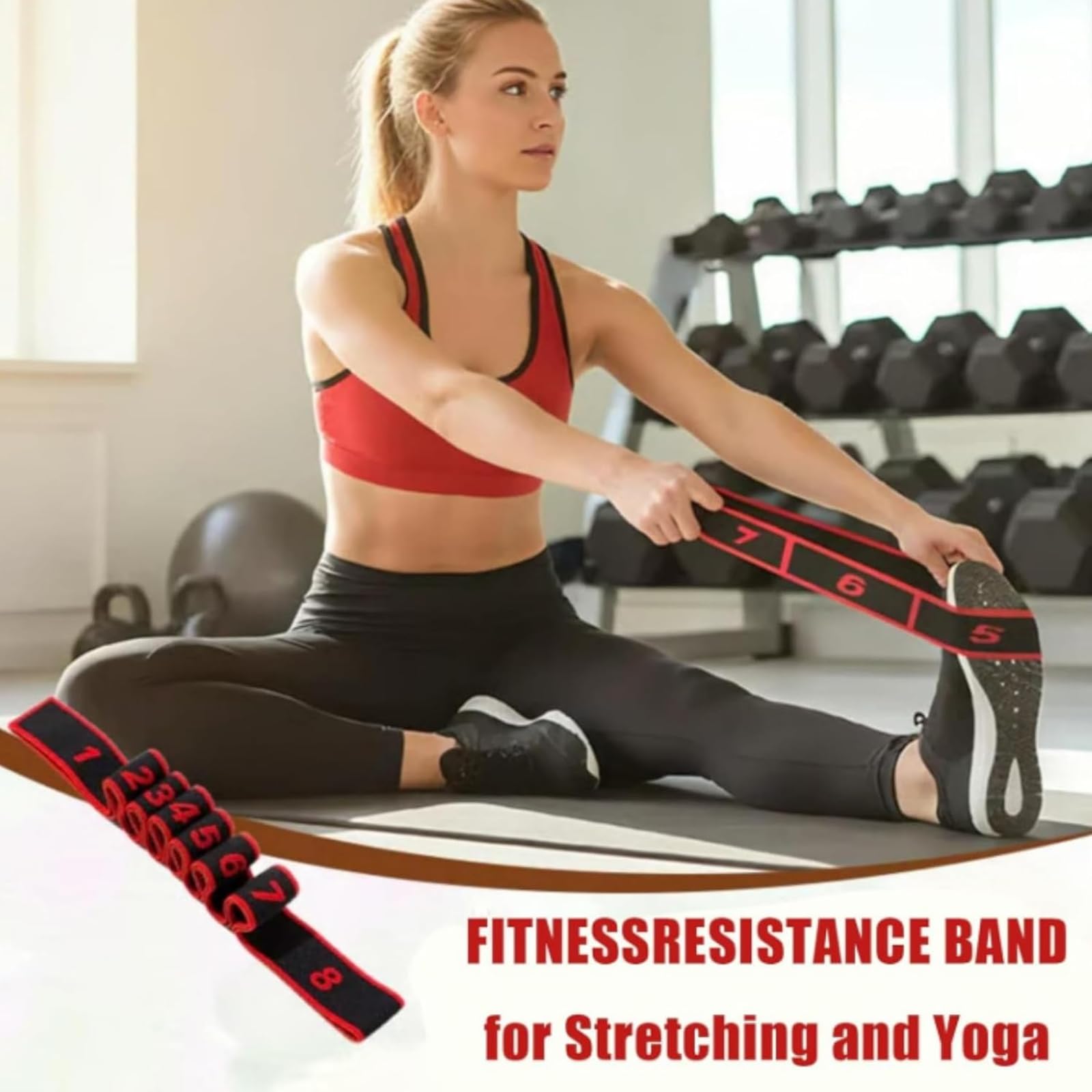 Fitness Widerstandsband für Stretching und Yoga, 8 Schlaufen Gummiband für Flexibilität und Krafttraining, ideal für Pilates und Ganzkörpertraining