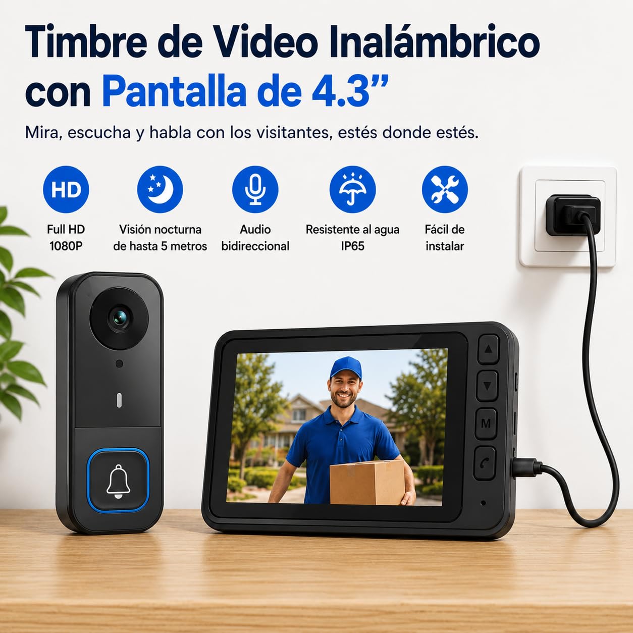 Videoportero Inalámbrico con Cámara 1080P Timbre Exterior Bluetooth 50m Visión Nocturna Audio Bidireccional