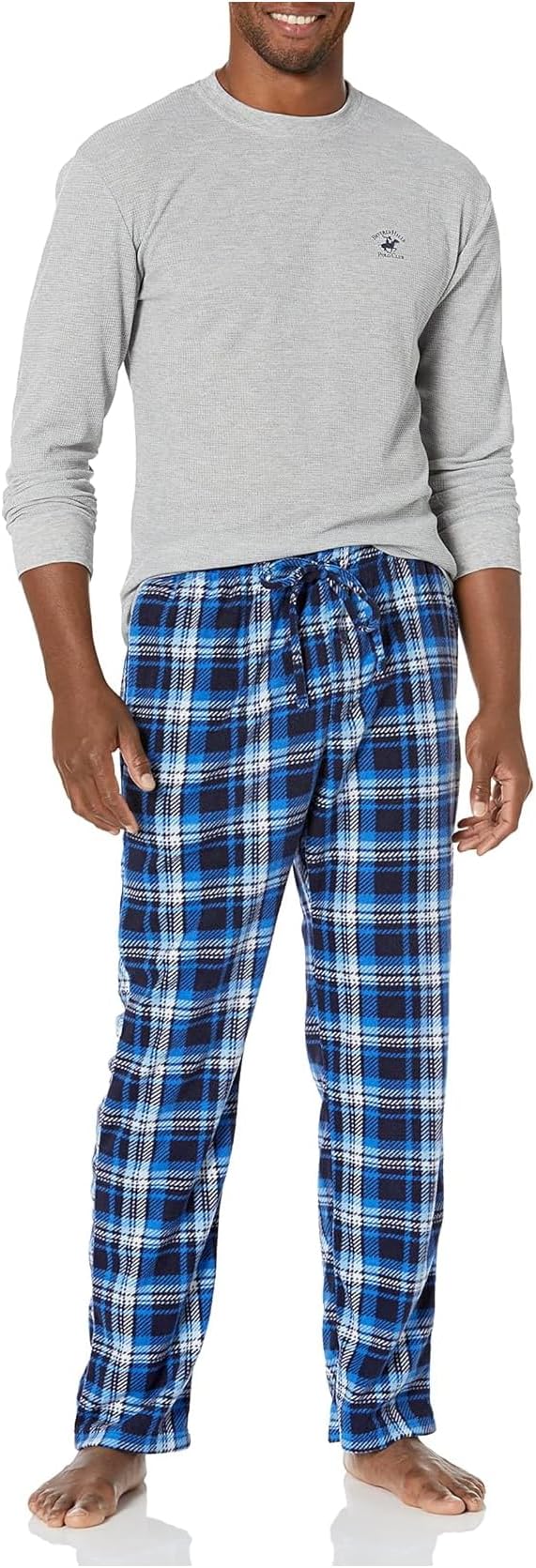 mens Beverly Hills Polo Polar Fleece W/Thermal Top Pajama Set, Grey Top With Blu/Blk Pants, X-Large US