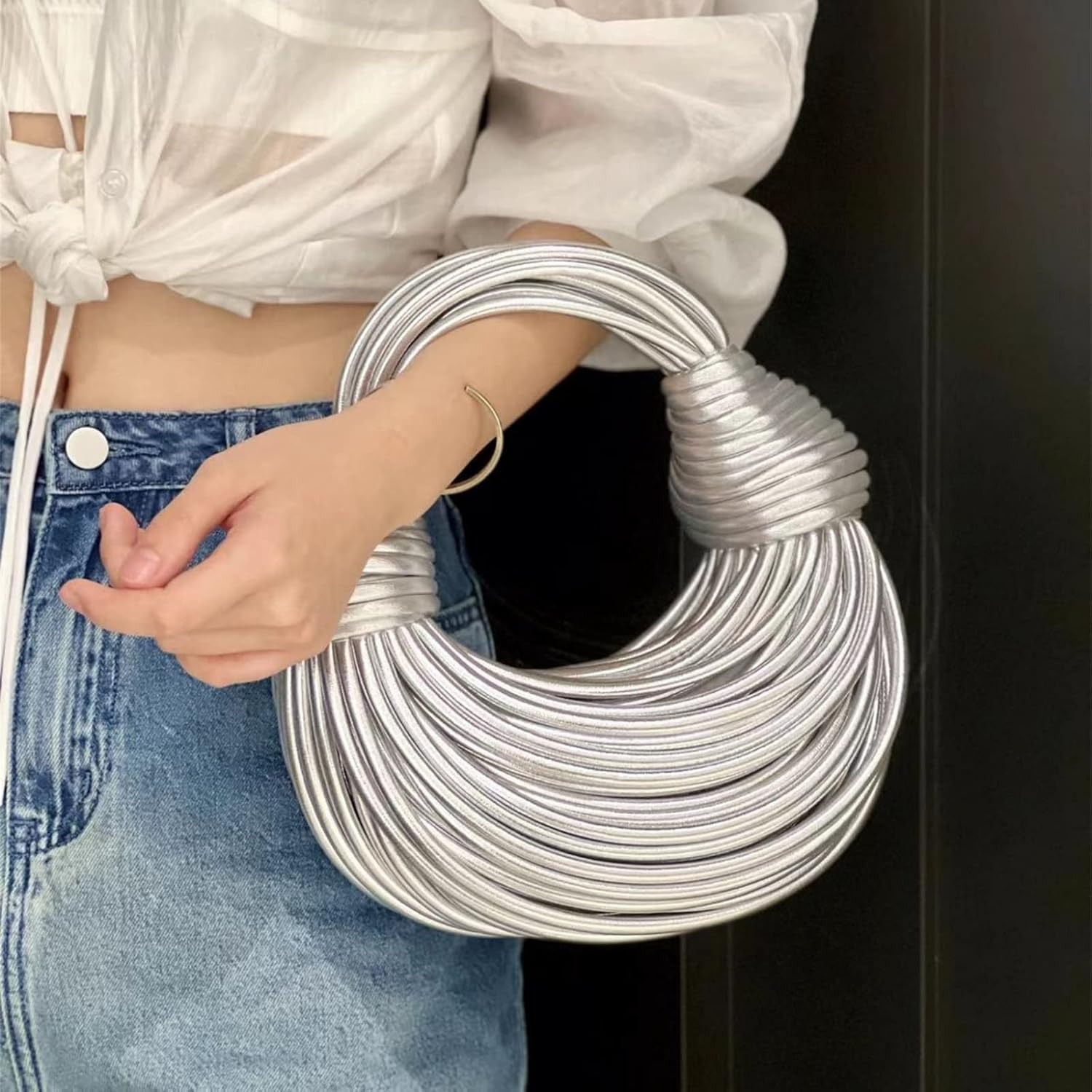 Gold Purse for Women, Woven Knotted Bread Crossbody Clutch Top Handle Creative Noodles Bag Underarm Shoulder Handbag | Woven, Small, Leather, Top Handle, Noodles - Image 3