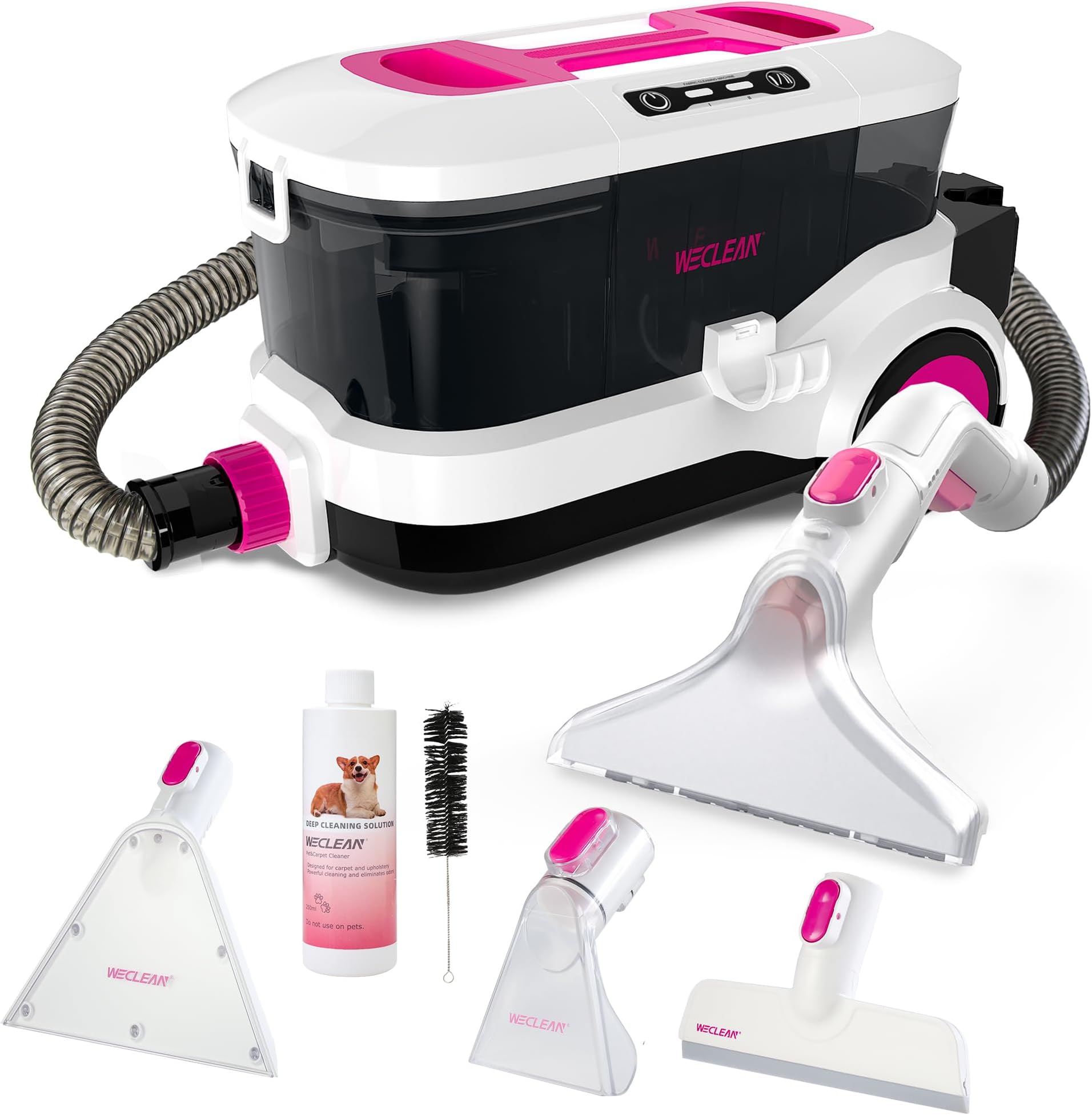 - C4 Pink Carpet Cleaner Machine, Portable 800W 18KPa Deep Cleaner with Stand-Up Handle and Wide Squeegee for Pet Stains on Carpets, Rugs, Upholstery and Car Interiors, 3L Clean/1.5L Dirty Tank