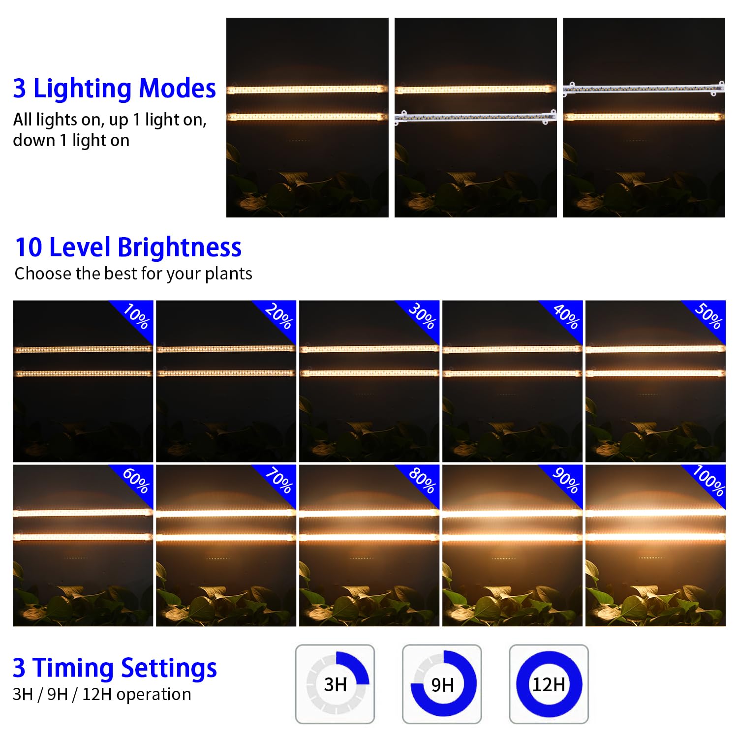 Hywyimlait Lámpara de cultivo de tira de 13 pulgadas para plantas de interior, tiras de luz LED de espectro completo de 3500 K con encendido/apagado automático, temporizador de 3/9/12 horas y 10