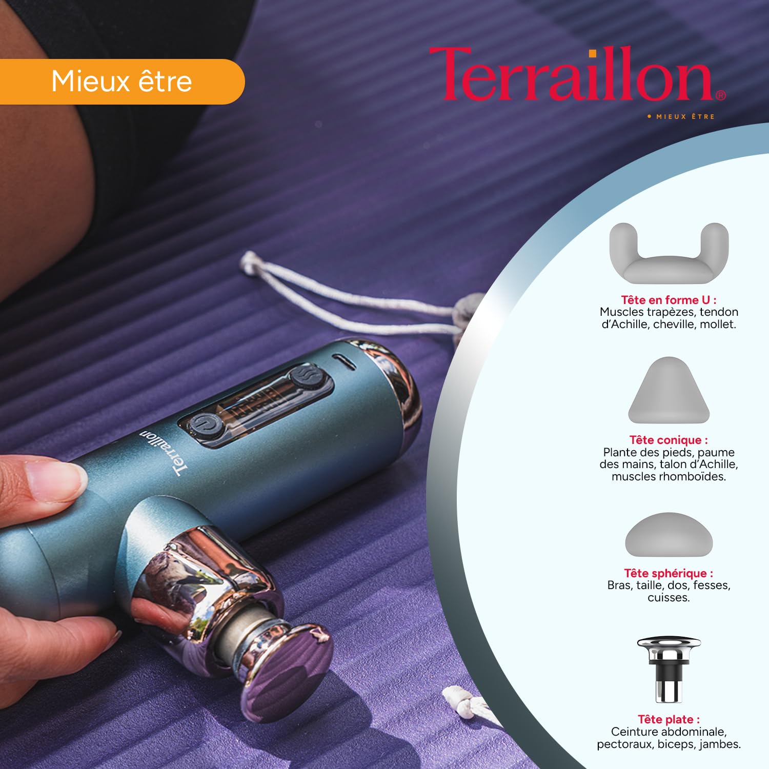 TERRAILLON Pistolet de massage, Détente, Massage, Relaxation MINI MASSAGER | 6 vitesses dont 1 lente pour massage à l'huile, 4 embouts, Surface chauffante, 800-3200 rpm, Charge USB-C, 5h autonomie