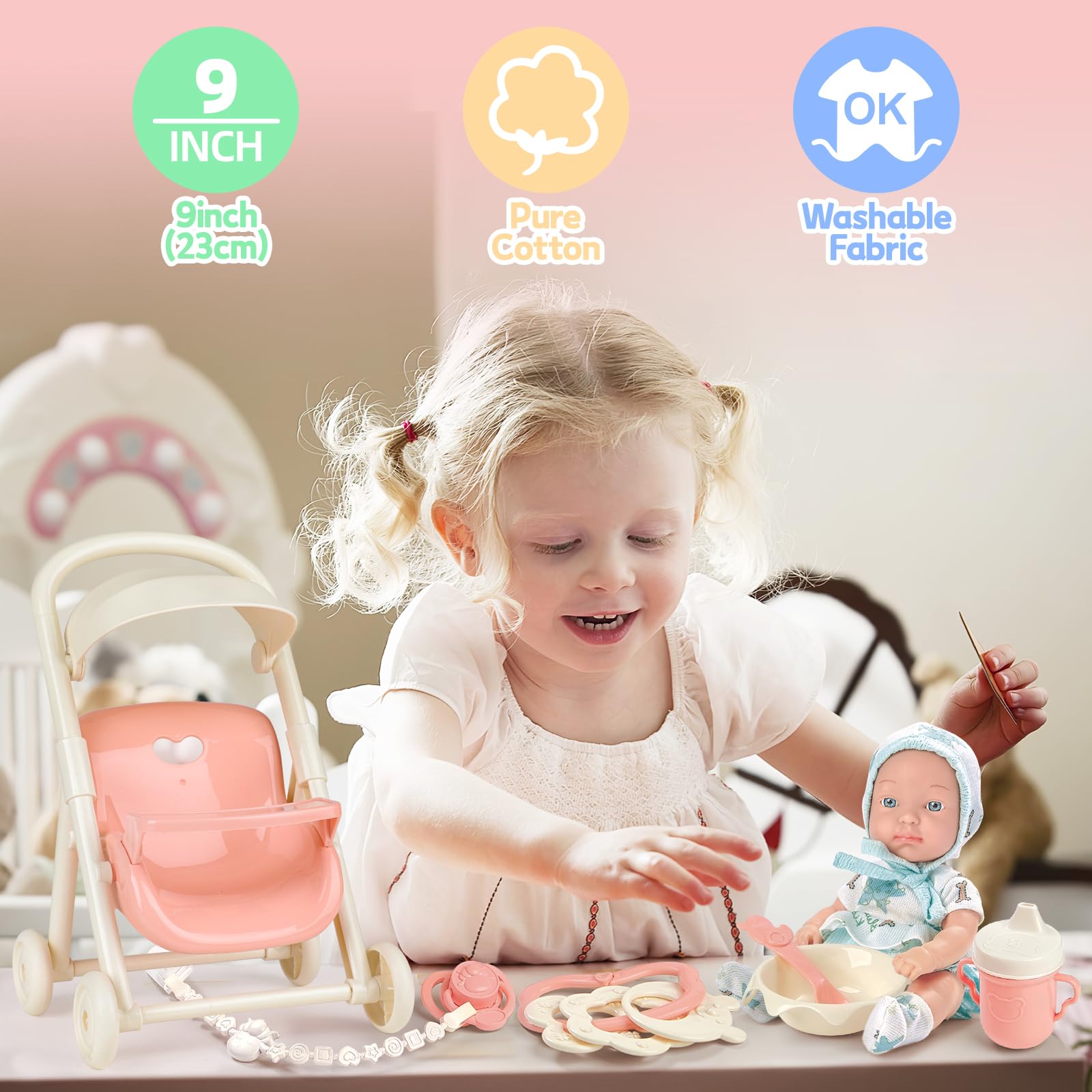 deAO My First Baby Doll Stroller, 9inch Plastic Baby Doll Set including Accessories,Include Baby Spoon, Dolls Pushchair - Image 4