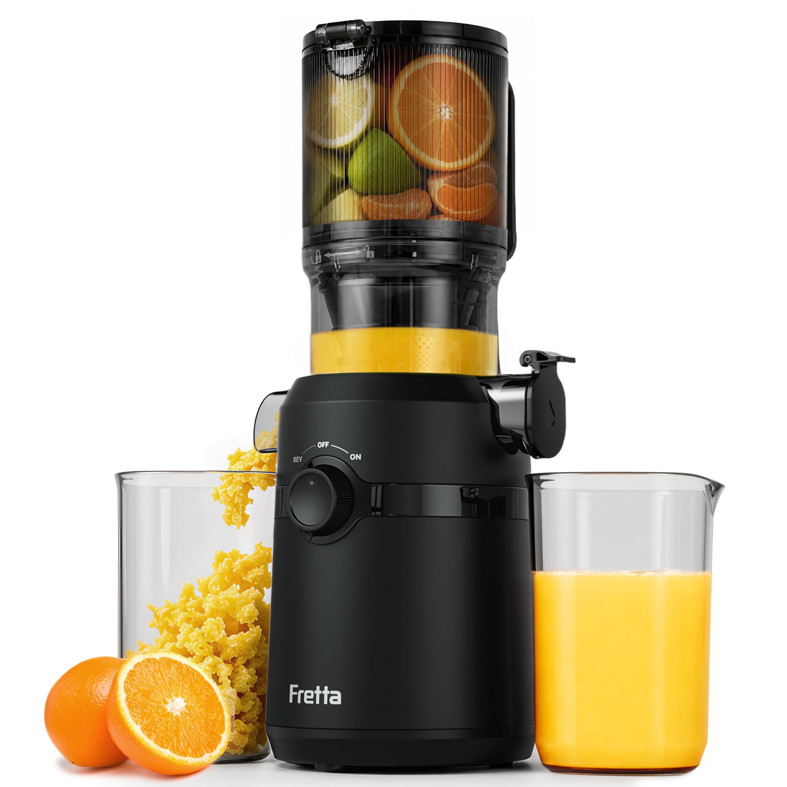 Fretta Extractor de Zumos y Verduras, Apertura de 108MM y Capacidad de 1L, Licuadora Prensado en Frio para Verduras Frutas Enteras,200W Slow Juicer Machine,Fácil Montaje y Limpieza,Sin BPA(Negro Mate)