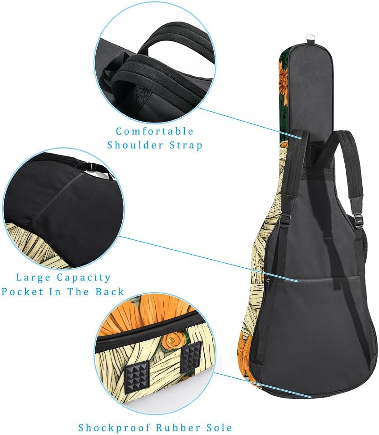 Acoustic Guitar Gig Bag 10mm Thick Padding, Soft Waterproof Guitar Case with Adjustable Backpack Straps for 40-42 Inch Guitar, Halloween Cactus Cobweb and Flowers