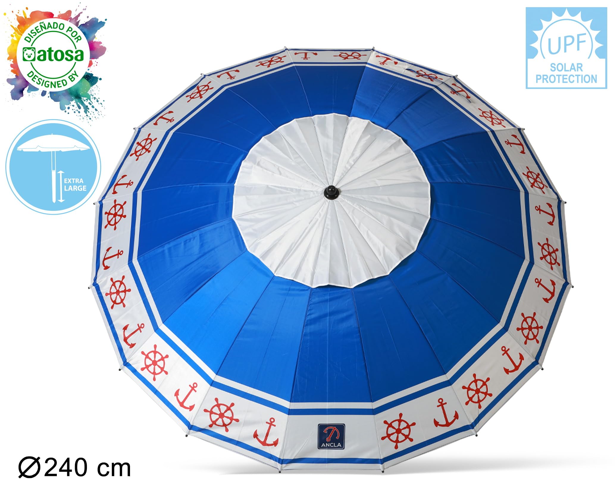 ATOSA atosa sombrilla de playa de aluminio modelo anclas y timón con upf 50+ azul
