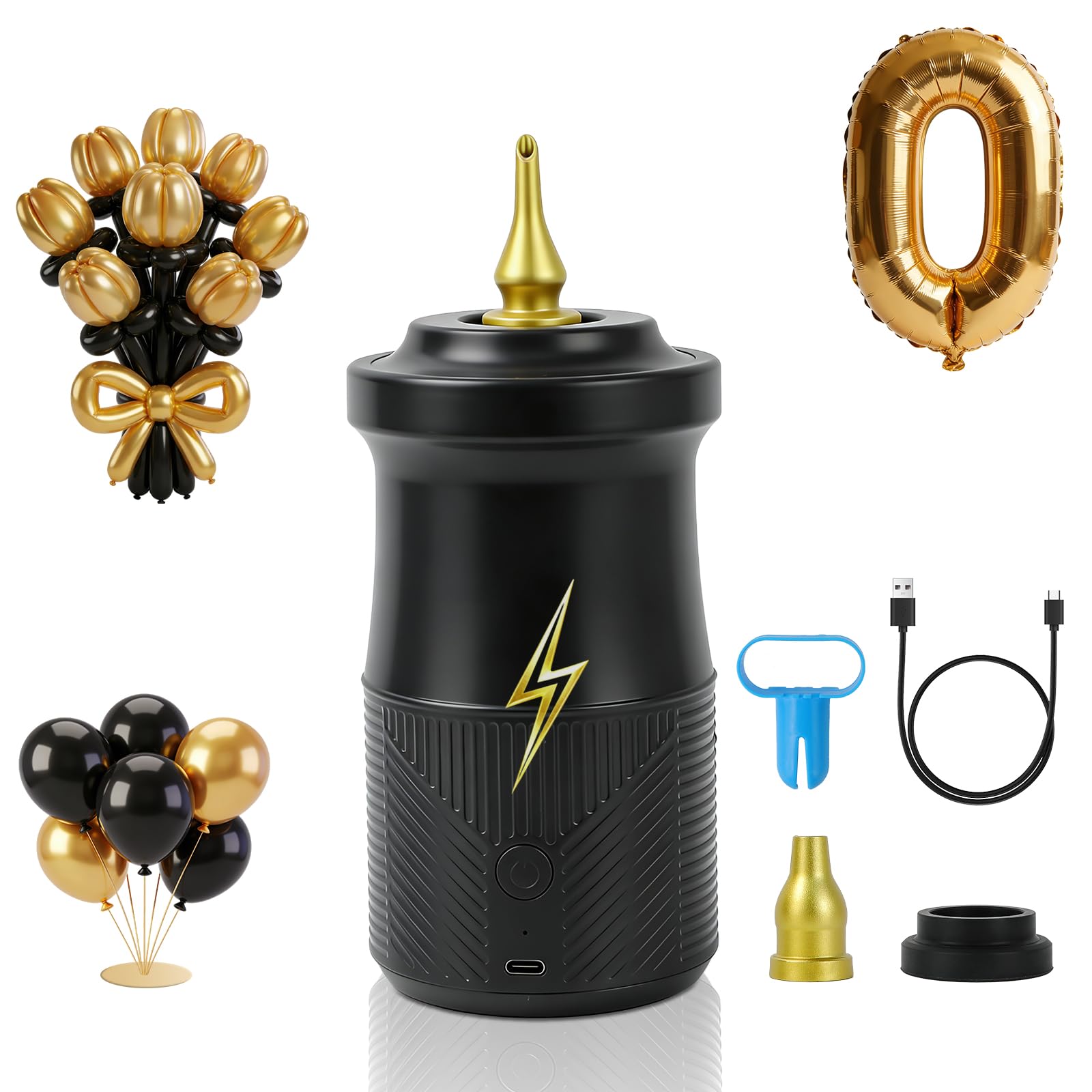 PlusFive Kabellose elektrische Ballonpumpe, Typ-C wiederaufladbare Luftpumpe mit 2000 mAh Akku und 3 Düsen für runde / Folien/260Q lange Luftballons, zum Aufblasen und Staubsaugen, batteriebetriebene