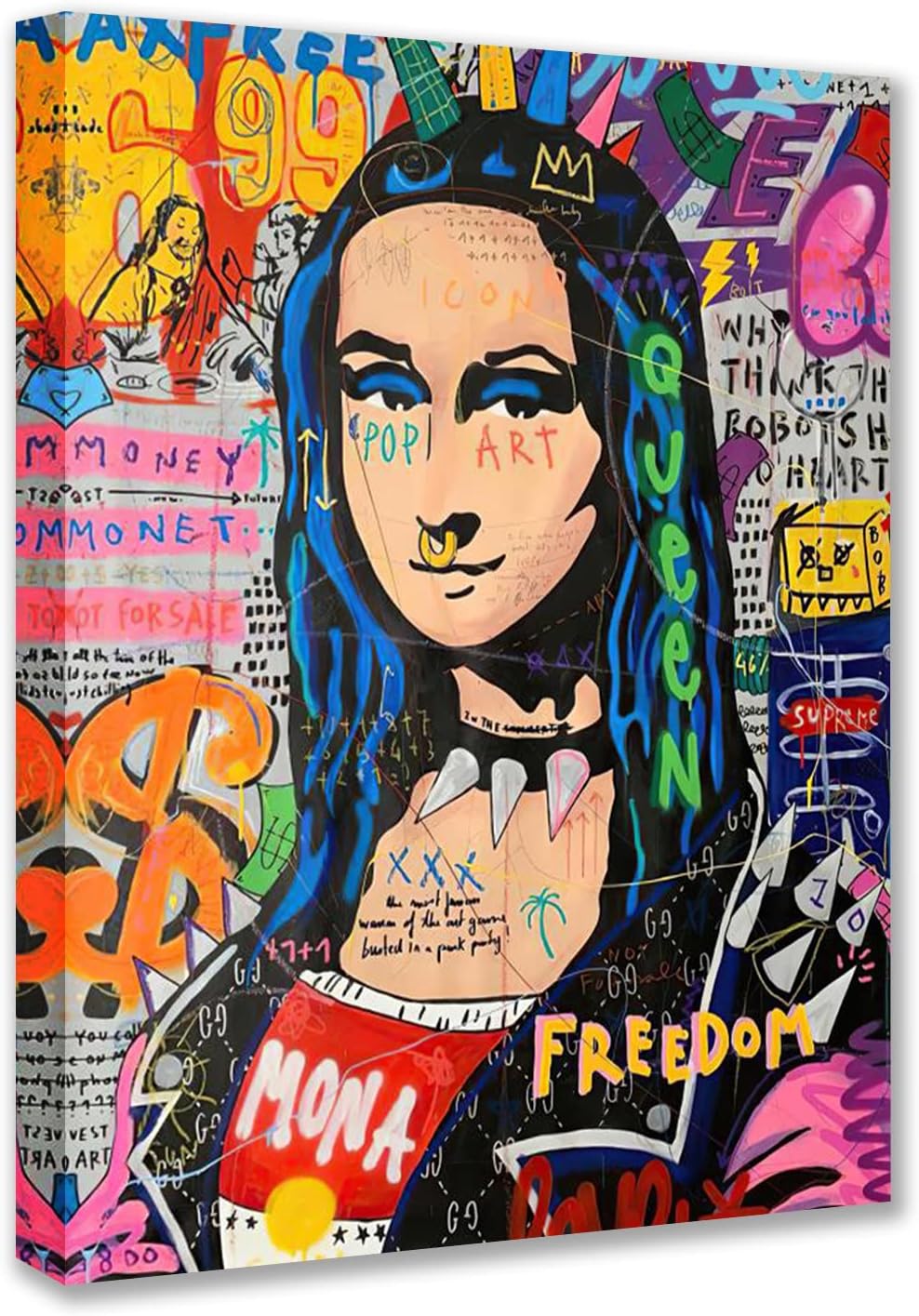 Tucocoo Graffiti Women Canvas Wall Art Abstract Mona Lisa Paintings Colorful Street Pop Art Pictures Classic Modern Artwork Home Decor for Living Room Bedroom Framed Ready to Hang 12x16inch x1 Piece