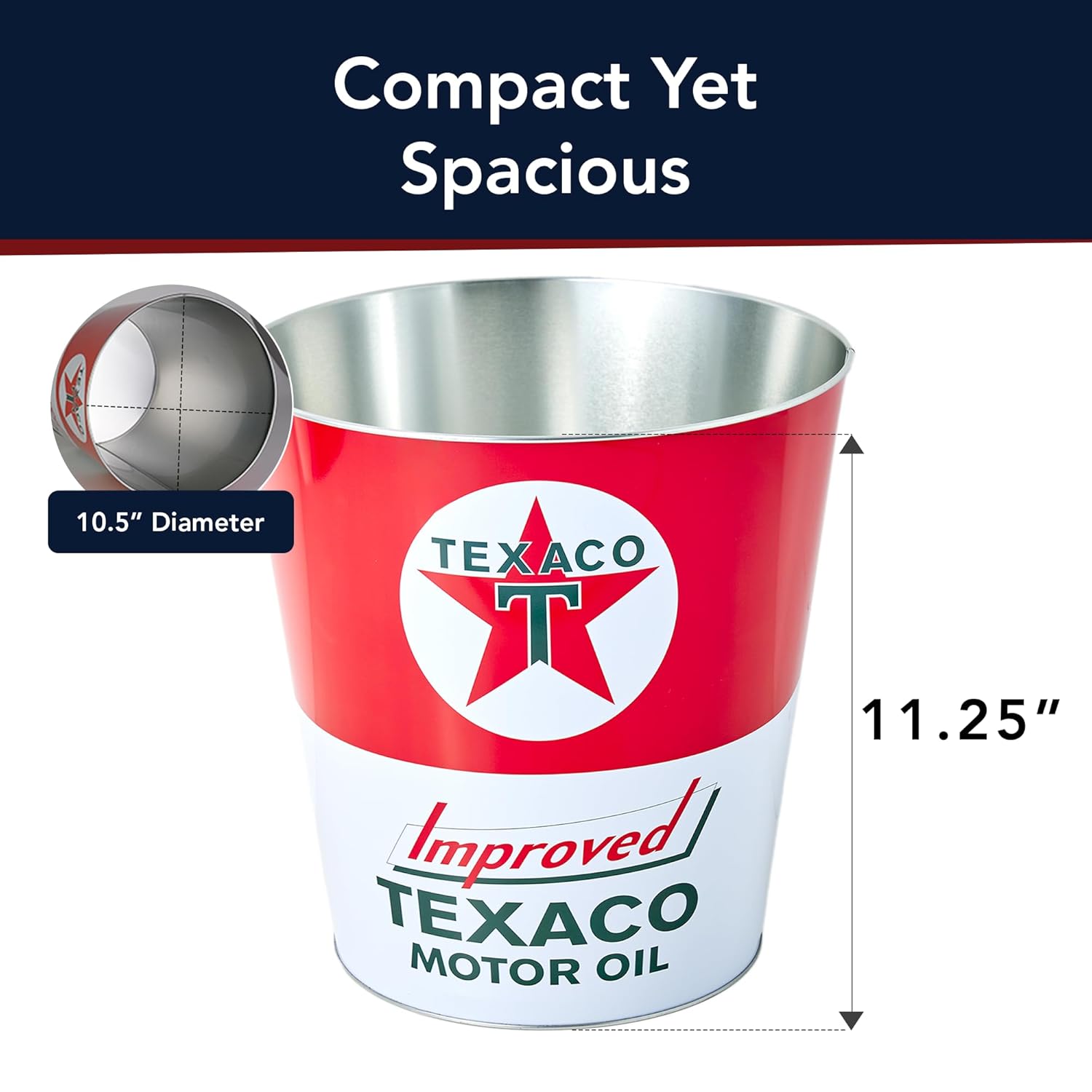 American Art Decor Metal Trash Bin - Licensed Texaco Waste Basket - Small Decorative Garbage Can for Man Cave, Kitchen, Garage, Home Office, Bar & More (11.25" x 10.5" x 10.5")